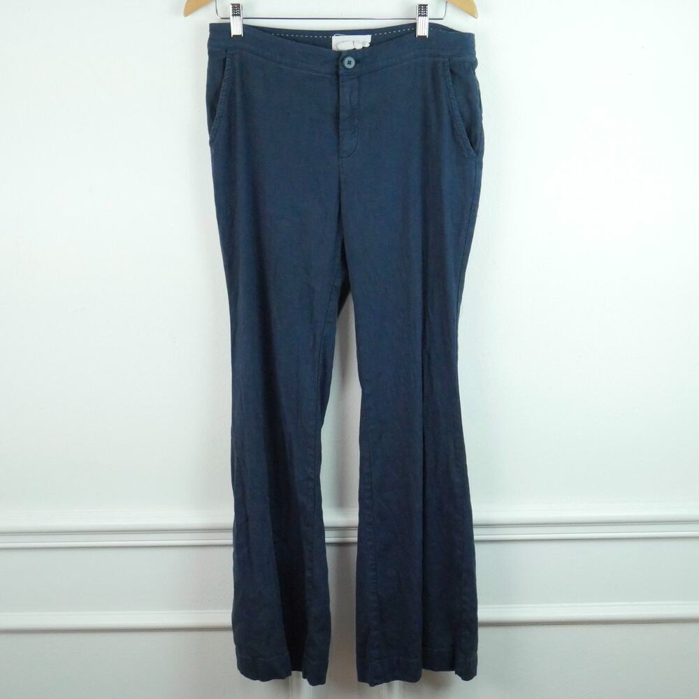 By Anthropologie Size 8 Linen‎ Blend Flare Wide Leg Pants Trousers Navy Blue